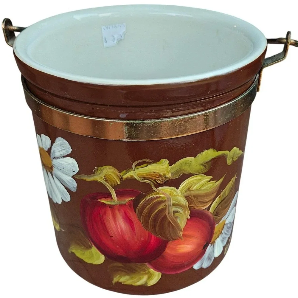Vintage Hull Pottery 302 Brown Ceramic Ice Bucket Hand Painted Apples Daisy USA